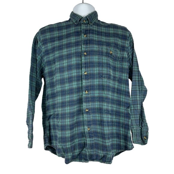 Herringbone Naturals Mens Plaid Flannel Button Up Medium Cotton Shirt Blue Green - Picture 1 of 9